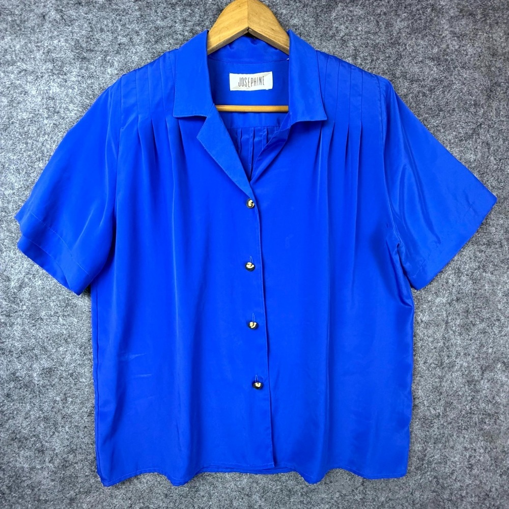 VTG Josephine Blouse Shirt Womens 12 Blue Satin Pleated Short Sleeve Camp Collar